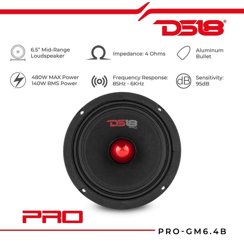 DS18 PRO-GM6.4B Loudspeaker - 6.5", Midrange, Red Aluminum Bullet, 480W Max, 140W RMS, 4 Ohms - Premium Quality Audio Door Speakers for Car or Truck Stereo Sound System (1 Speaker) - Image 2